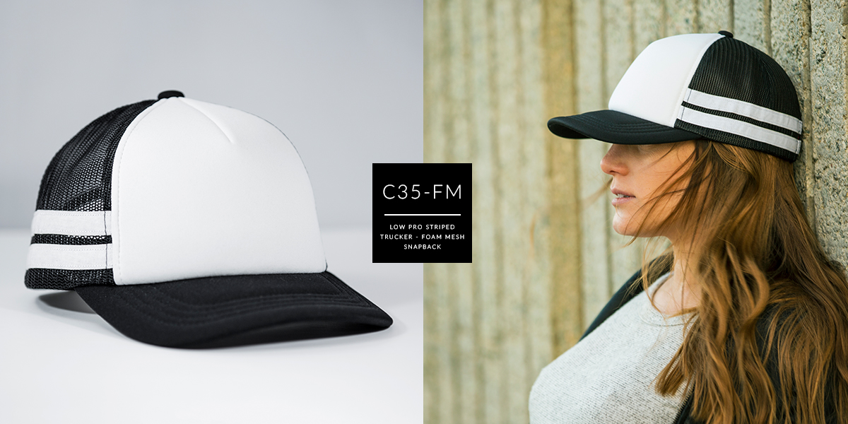 c35-FM // Pinch Front Low Pro Striped Trucker - Foam & Mesh